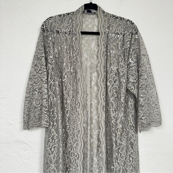 Roamans Grey Lace Duster Cardigan Sweater Womens 22W Formal Sequin Dressy Sheer - Picture 4 of 9